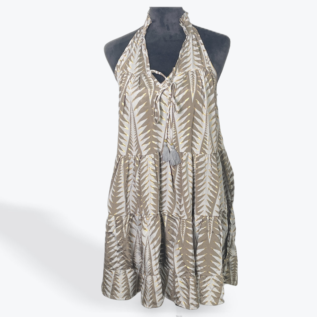 Ruffle Neck Dress: Brown/Blue/Gold