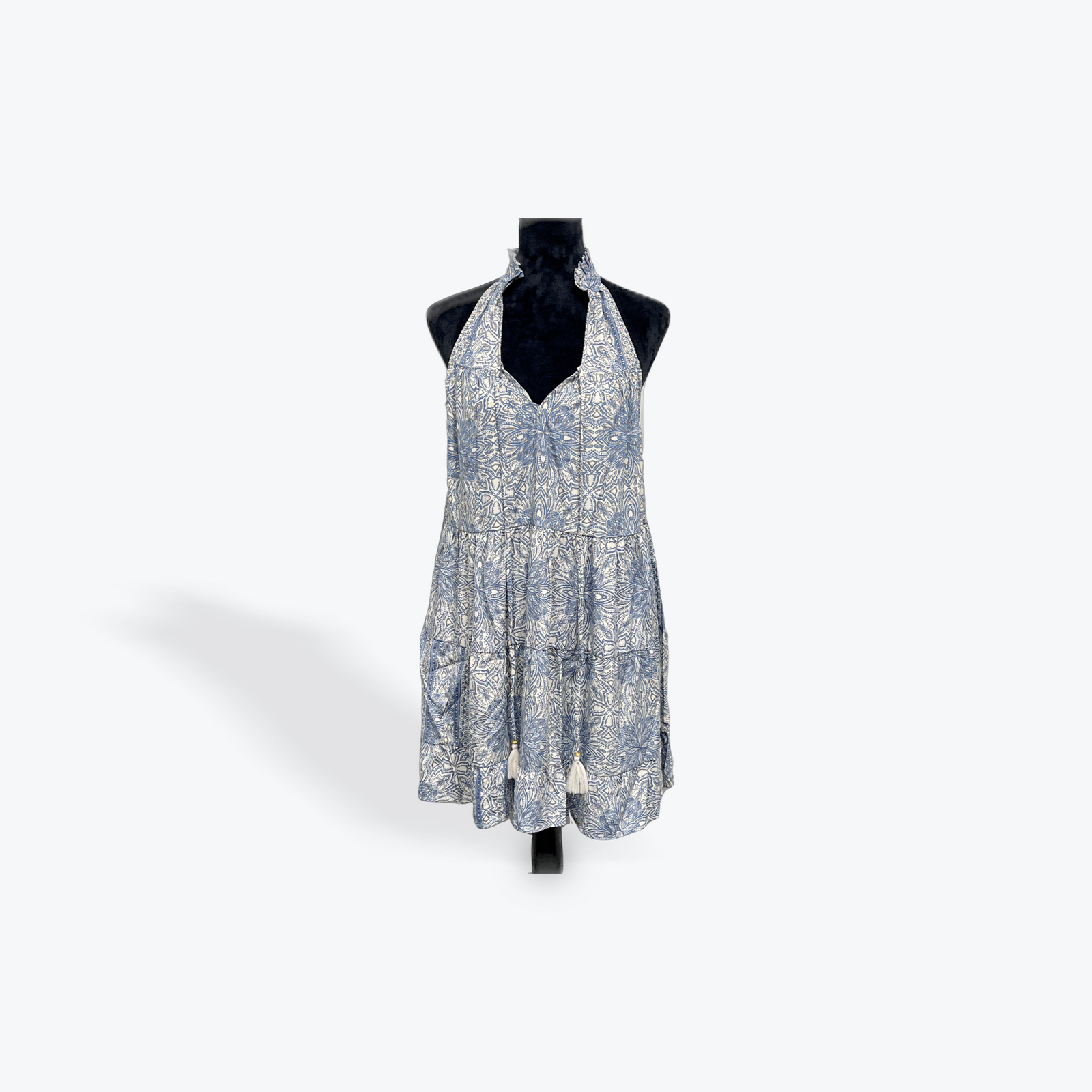 Ruffle Neck Halter Dress: Taupe/Blue/Gold
