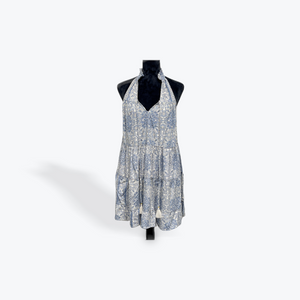 Ruffle Neck Halter Dress: Taupe/Blue/Gold