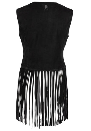 Katy RF Fringe Leather Vest, Black