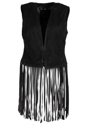 Katy RF Fringe Leather Vest, Black