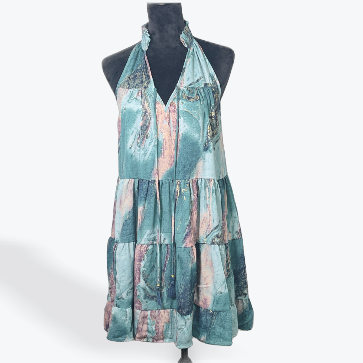 Ruffle Neck Dress: Green/Pink/Gold Marble