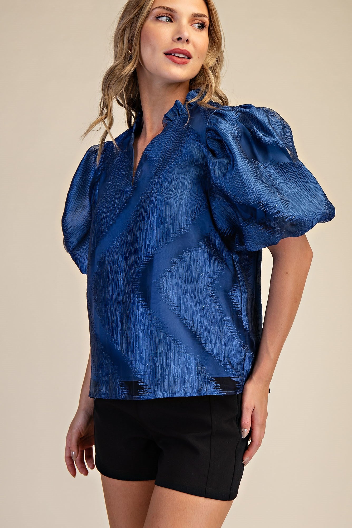 Metallic V-Neck Puff Sleeve Top