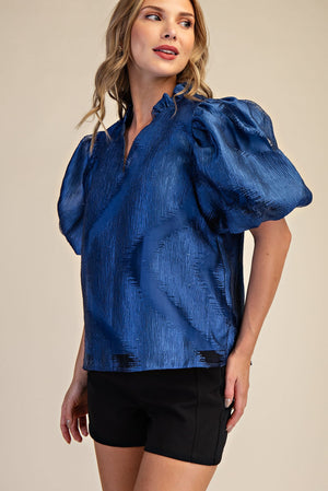 Metallic V-Neck Puff Sleeve Top