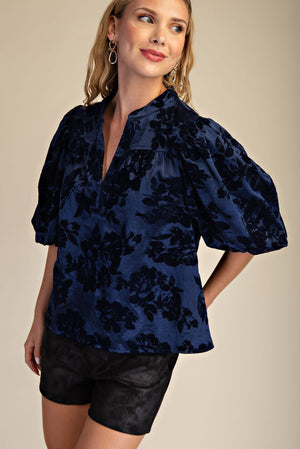 Metallic Floral Print Round Neck Puff Sleeve Top