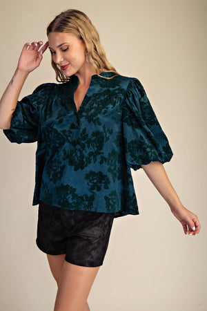 Metallic Floral Print Round Neck Puff Sleeve Top