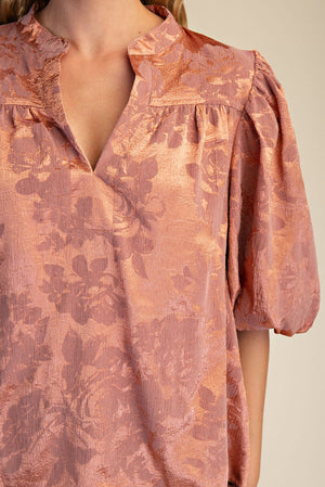 Metallic Floral Print Round Neck Puff Sleeve Top