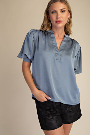 V-Neck Puff Sleeve Top with Short Sleeves