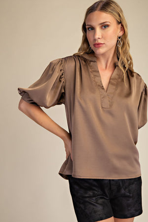 V-Neck Puff Sleeve Top with Short Sleeves