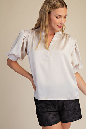 V-Neck Puff Sleeve Top with Short Sleeves