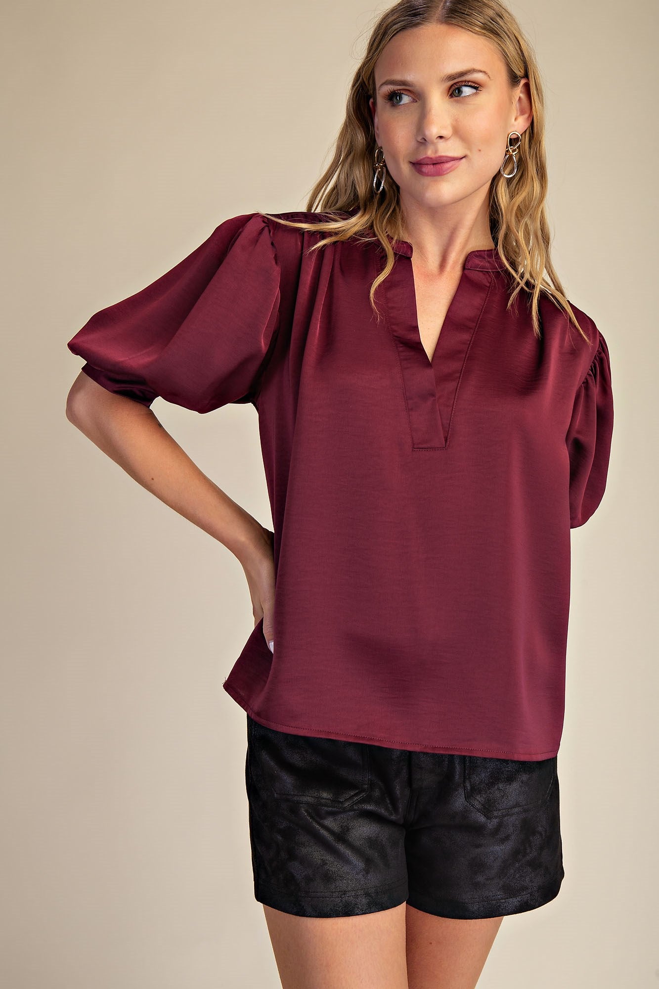 V-Neck Puff Sleeve Top with Short Sleeves