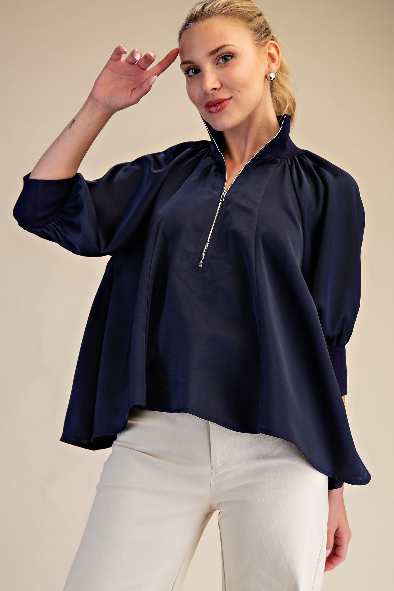 Mock Neck Band Puff Sleeve Blouse