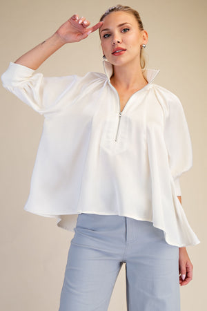 Mock Neck Band Puff Sleeve Blouse