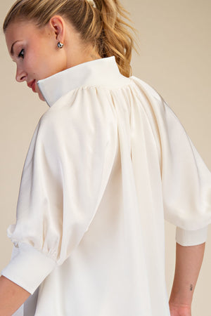 Mock Neck Band Puff Sleeve Blouse