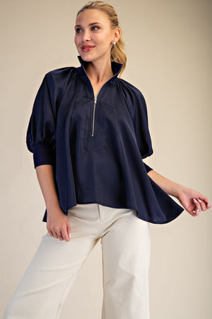 Mock Neck Band Puff Sleeve Blouse