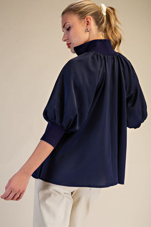 Mock Neck Band Puff Sleeve Blouse