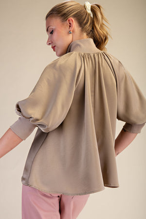 Mock Neck Band Puff Sleeve Blouse