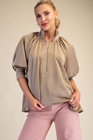 Mock Neck Band Puff Sleeve Blouse