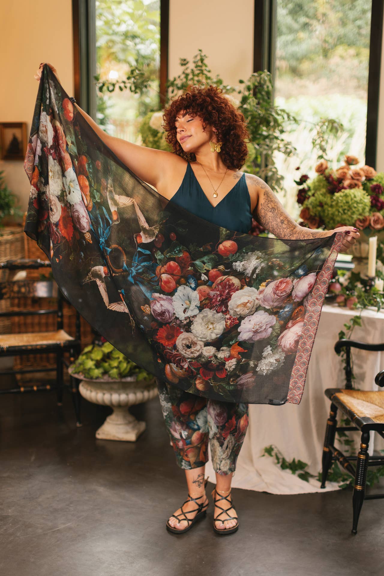 Flight of Fancy Floral Scarf with Hummingbirds