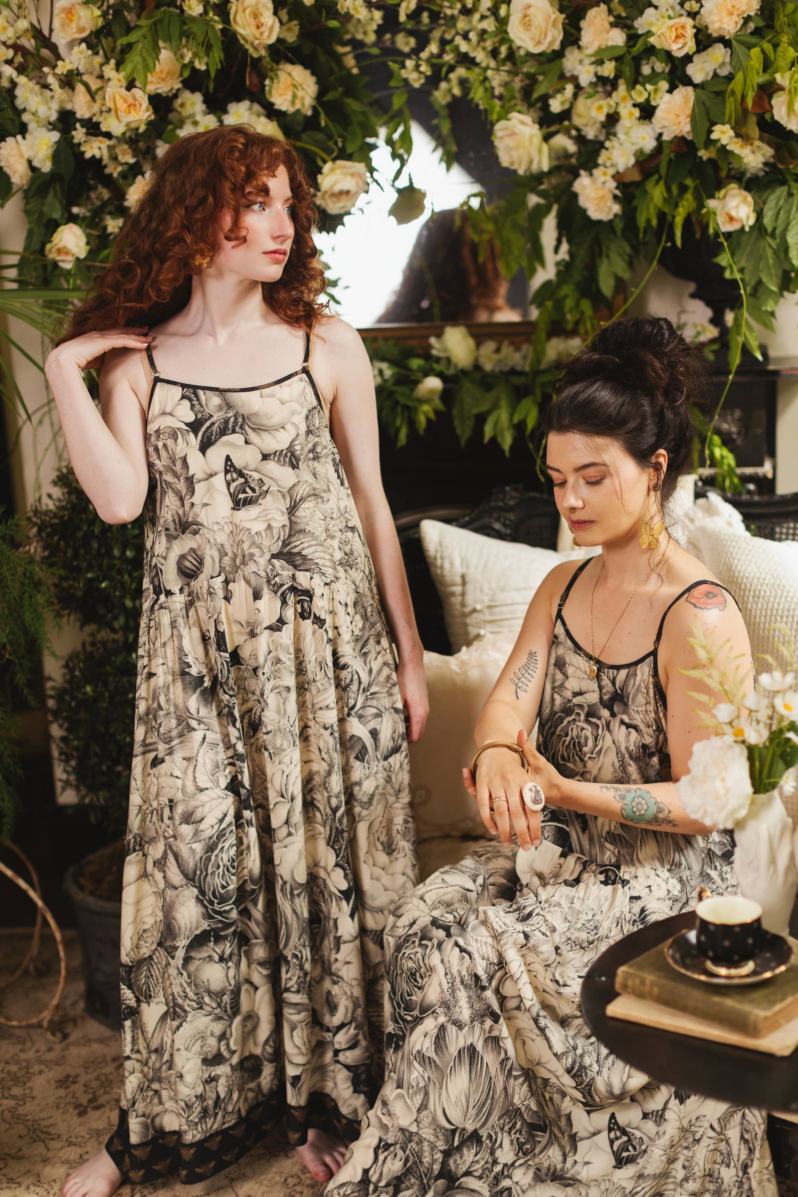 Honey & The Moon Bohéme Maxi Slip Dress w/ Florals & Bees