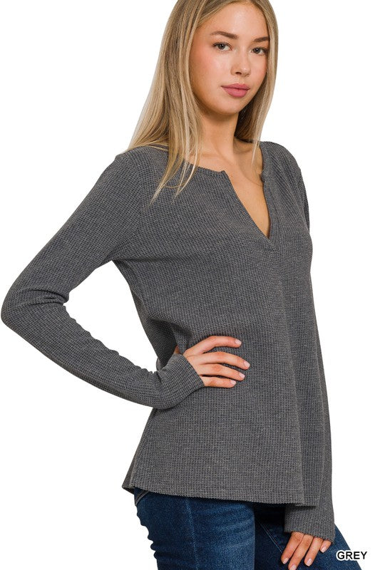GRAY: WAFFLE V-NECK LONG SLEEVE TOP