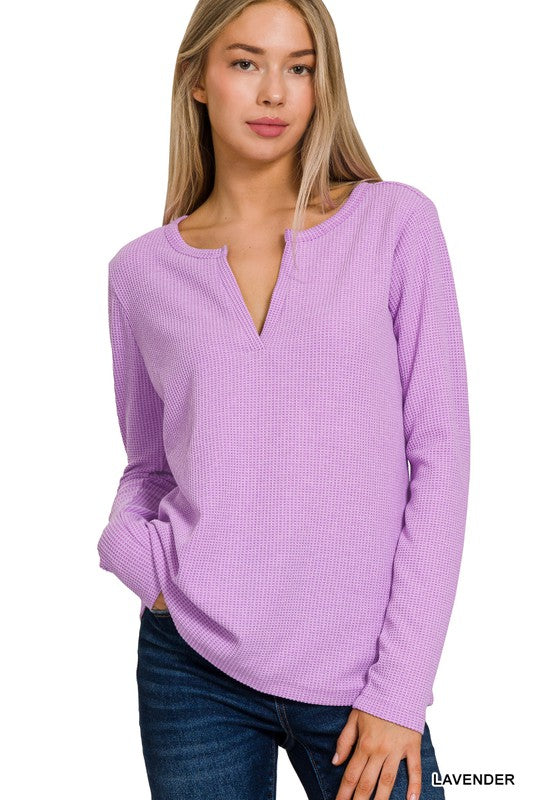 LAVENDER: WAFFLE V-NECK LONG SLEEVE TOP