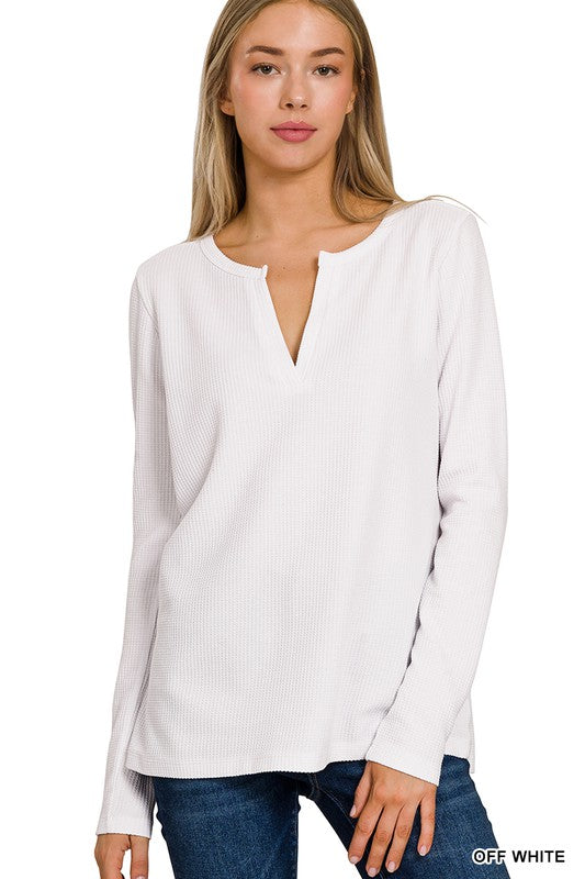 OFF WHITE: WAFFLE V-NECK LONG SLEEVE TOP