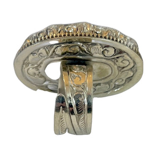 TIBETAN SILVER RING WITH LARGE OVAL LABRADORITE