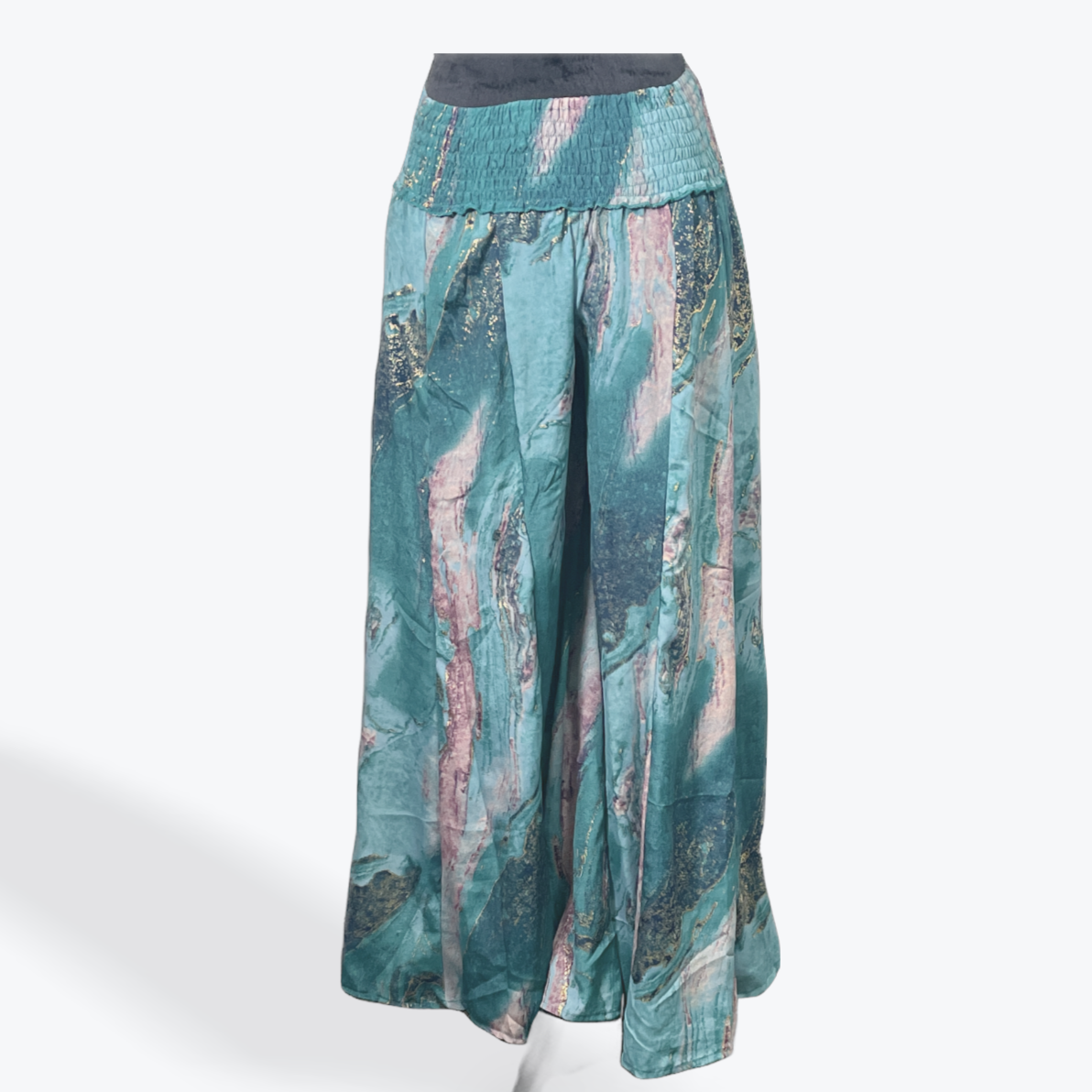 Wide Leg Palazzo Pant: Green/Blue/Marble