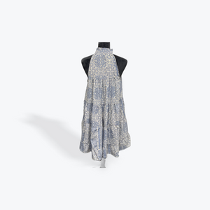 Ruffle Neck Halter Dress: Taupe/Blue/Gold