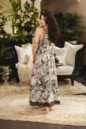 Honey & The Moon Bohéme Maxi Slip Dress w/ Florals & Bees