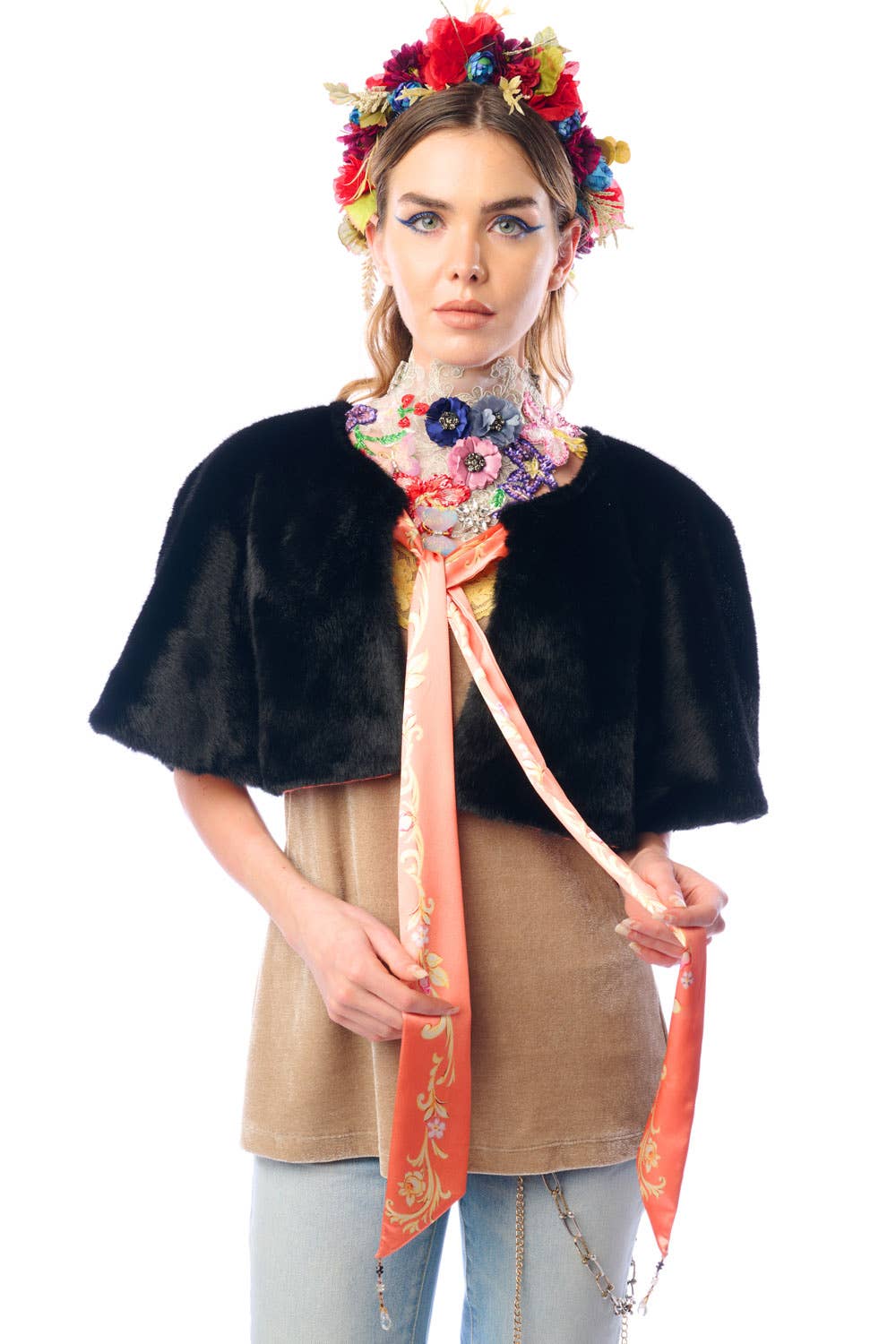 Grace Kelly Reversible Fur Cape: Black / One size