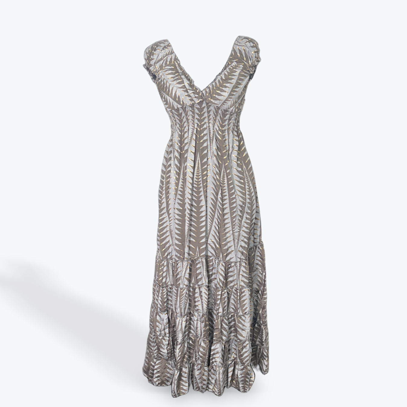 Ruffle Shoulder Maxi: Blue Gold Brown