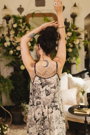 Honey & The Moon Bohéme Maxi Slip Dress w/ Florals & Bees