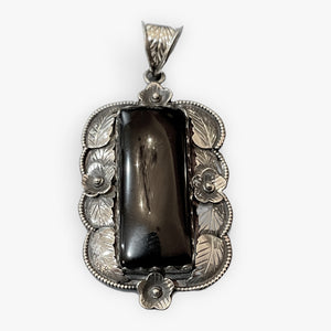 TIBETAN SILVER PENDANT WITH LARGE RECTANGLE ONYX