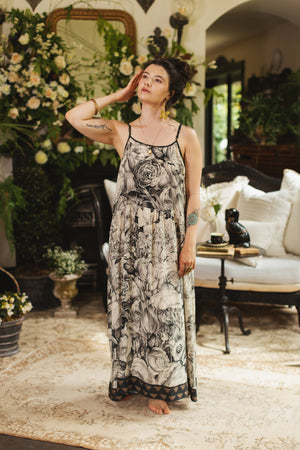 Honey & The Moon Bohéme Maxi Slip Dress w/ Florals & Bees