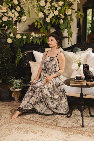 Honey & The Moon Bohéme Maxi Slip Dress w/ Florals & Bees