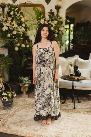 Honey & The Moon Bohéme Maxi Slip Dress w/ Florals & Bees