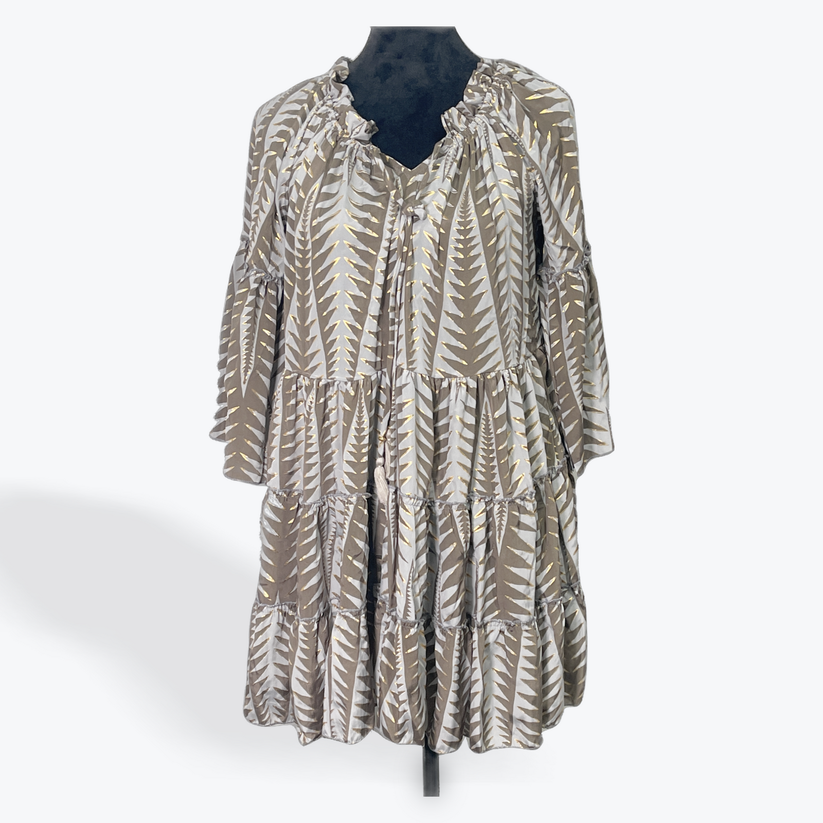 Tier Ruffle Shirt/Dress with 3/4 Sleeve: Blue Brown Gold