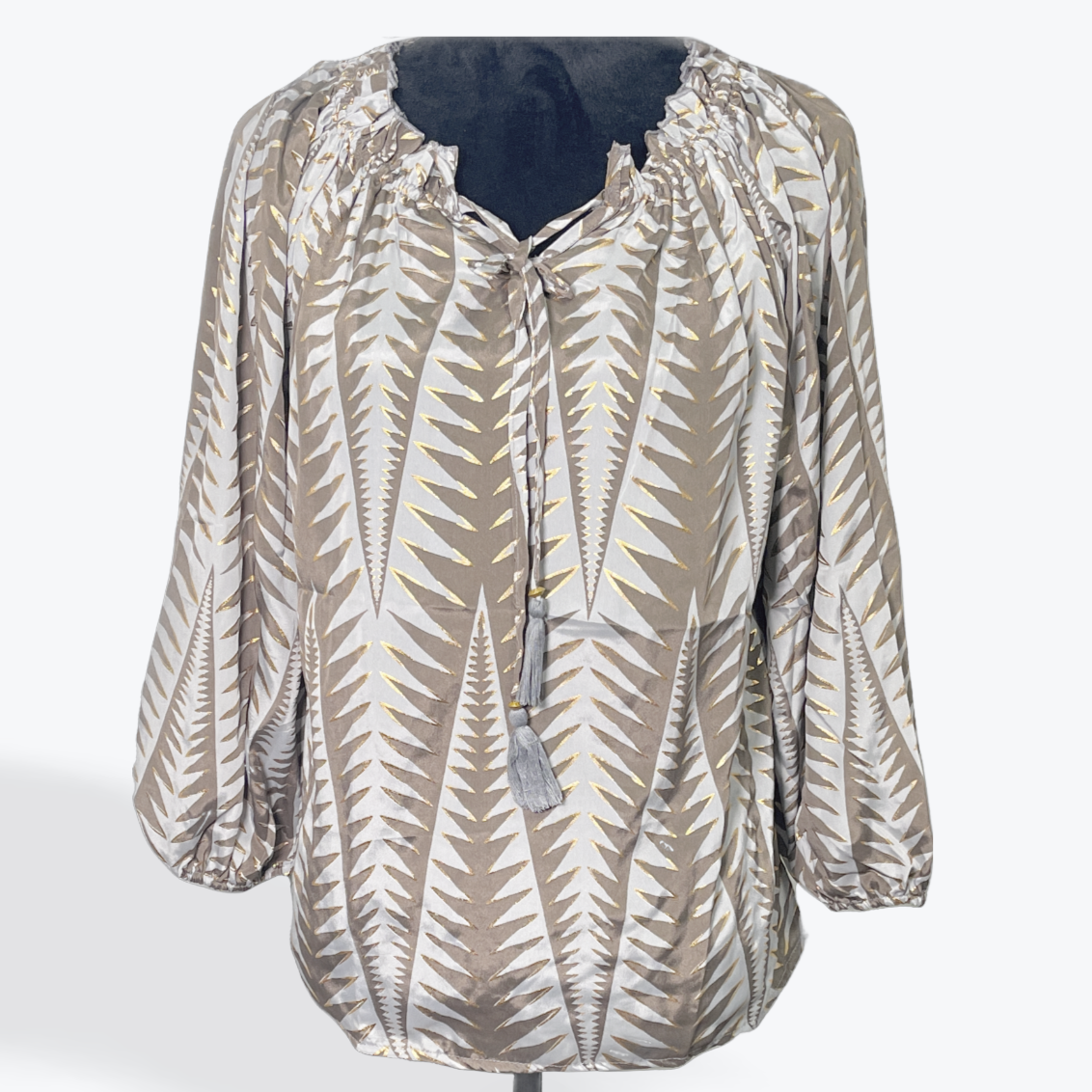 Ruffle Neck Top with Long Sleeve: Blue Brown Gold