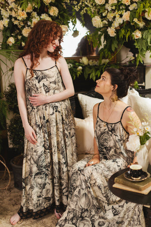 Honey & The Moon Bohéme Maxi Slip Dress w/ Florals & Bees