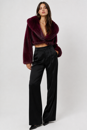 FJ0250: The Noir Luxe Cropped Faux Fur Jacket: Wine / L
