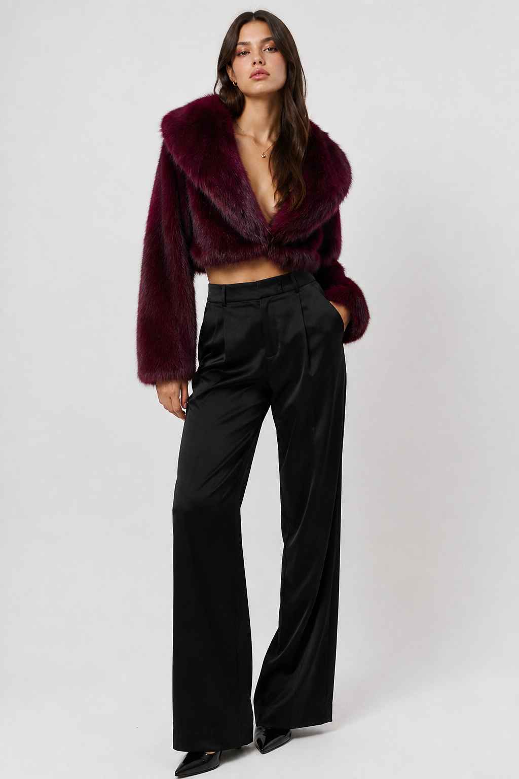 FJ0250: The Noir Luxe Cropped Faux Fur Jacket: Wine / S