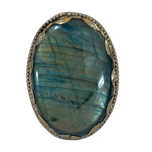 TIBETAN SILVER RING WITH LARGE OVAL LABRADORITE