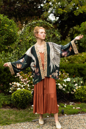 Under My Wing Pixie Crop Kimono w/ Swan & feathers