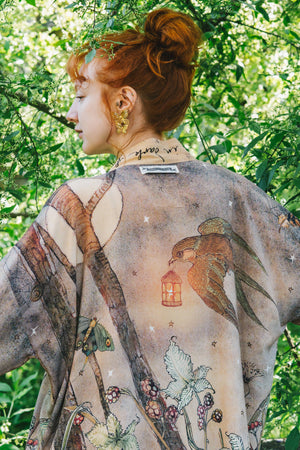 Lovelight Pixie Cropped Kimono w/ woodland swallow & stars