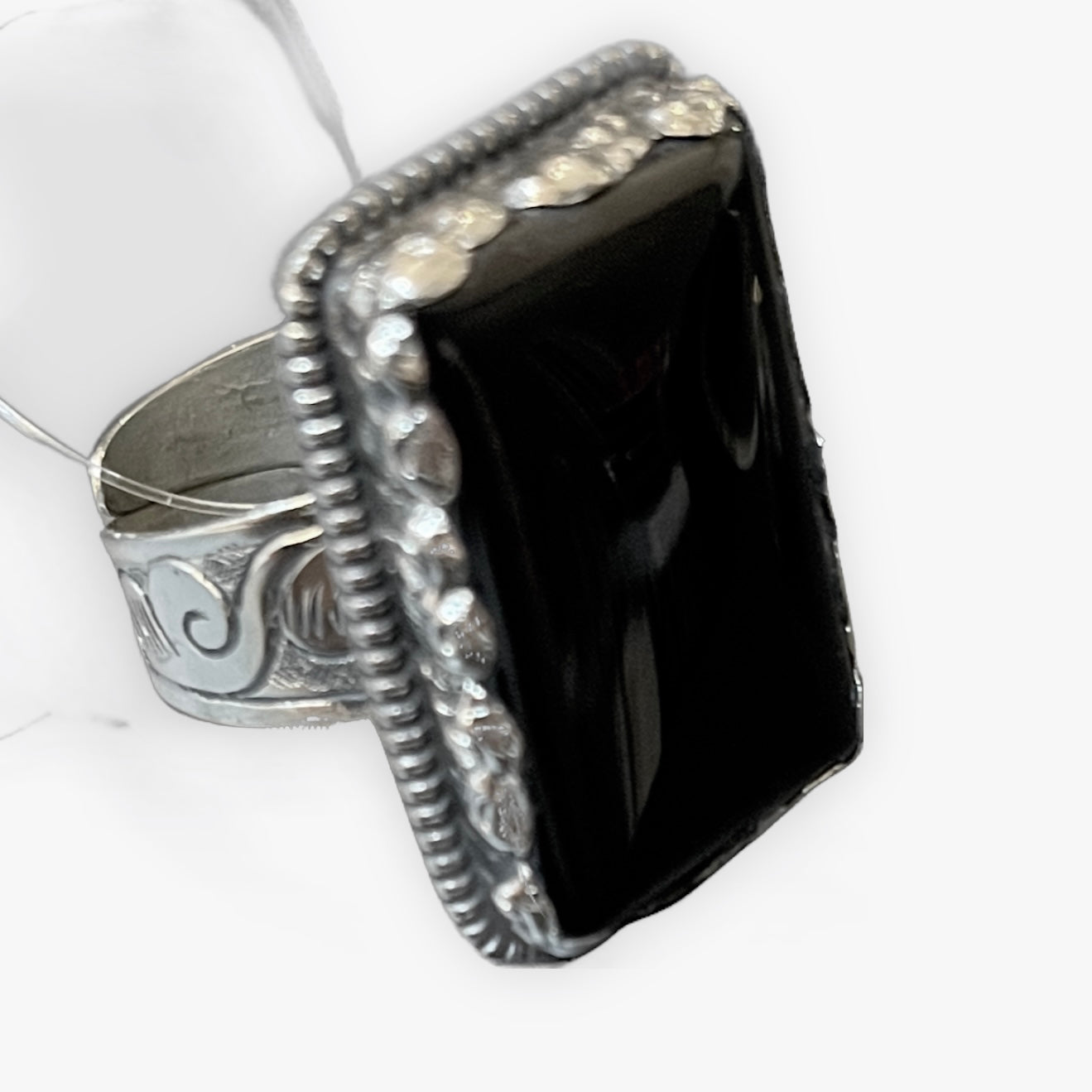 TIBETAN SILVER RING WITH LARGE RECTANGLE ONYX