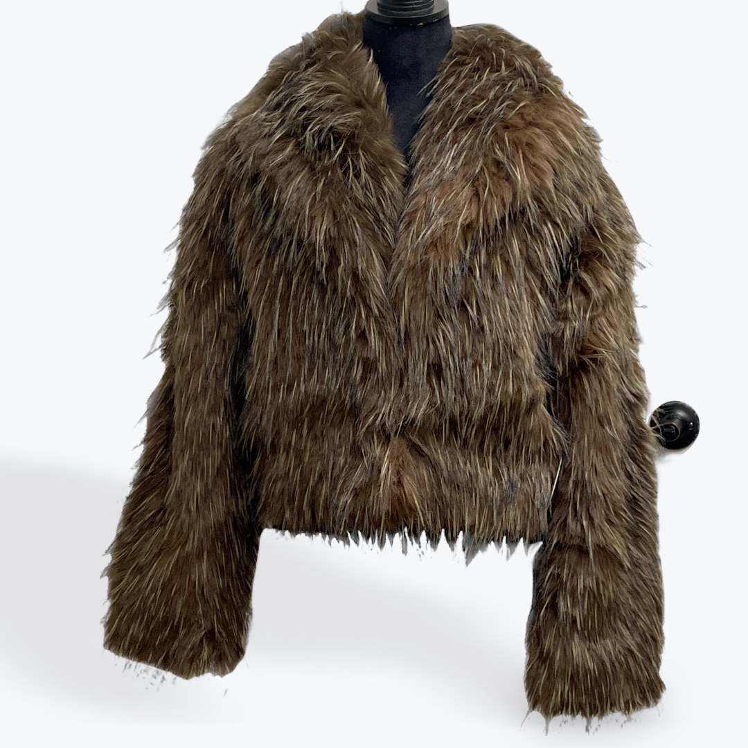 Faux Brown Fur with Highlights Waist Cut Jacket