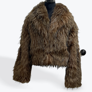 Faux Brown Fur with Highlights Waist Cut Jacket