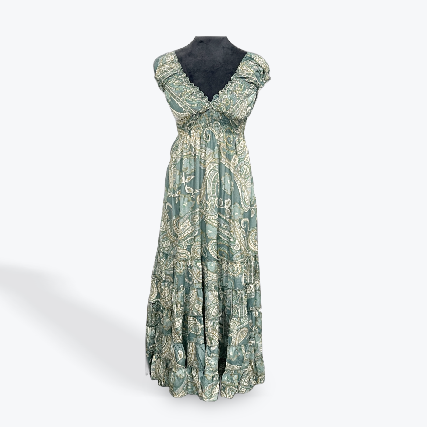 Ruffle Shoulder Maxi: Green Paisley